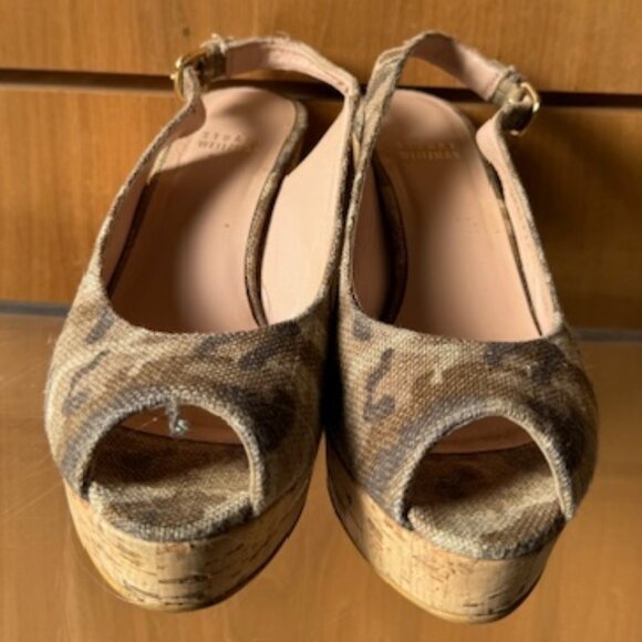 Pre-Loved Stuart Weitzman Camo Peep-Toe Cork Wedge Slingback - Size 6 - Picture 3 of 8